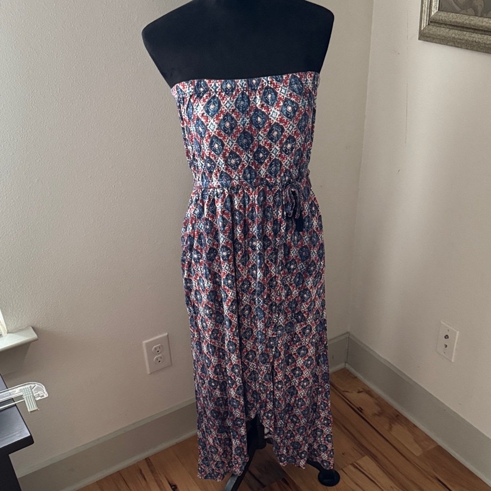 Lucky Brand Strapless geo Patterned Maxi Dress blue red Sz M